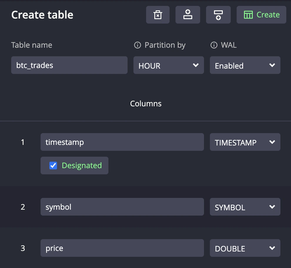 Screenshot of the create table panel